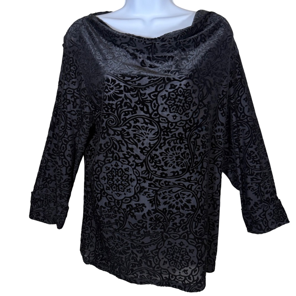 Black Velvet Burnout Damask Long Sleeve Cowl Neck Top XL Whimsey goth Y2K Holida